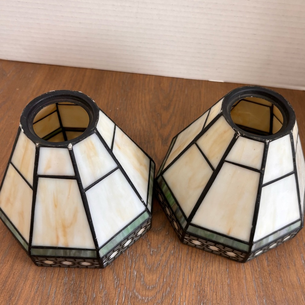 Stained Glass Mosaic Table Lamp Shade Pair in Ivory and Green - Picture 2 of 8